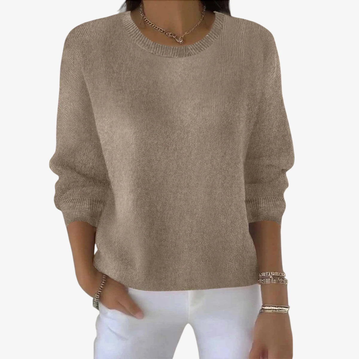 Dame Afslappet Blød Sweater med Rund Hals