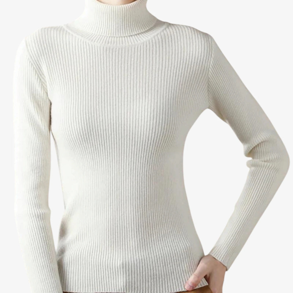 Dame Klassisk Ribstrikket Sweater med Rullekrave