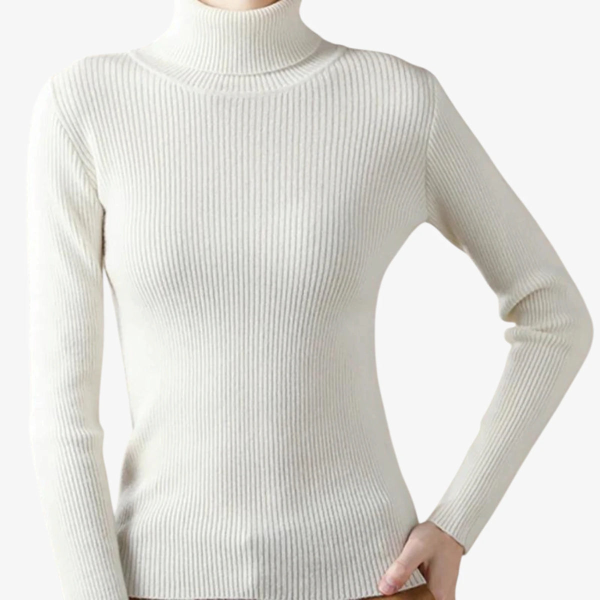 Dame Klassisk Ribstrikket Sweater med Rullekrave