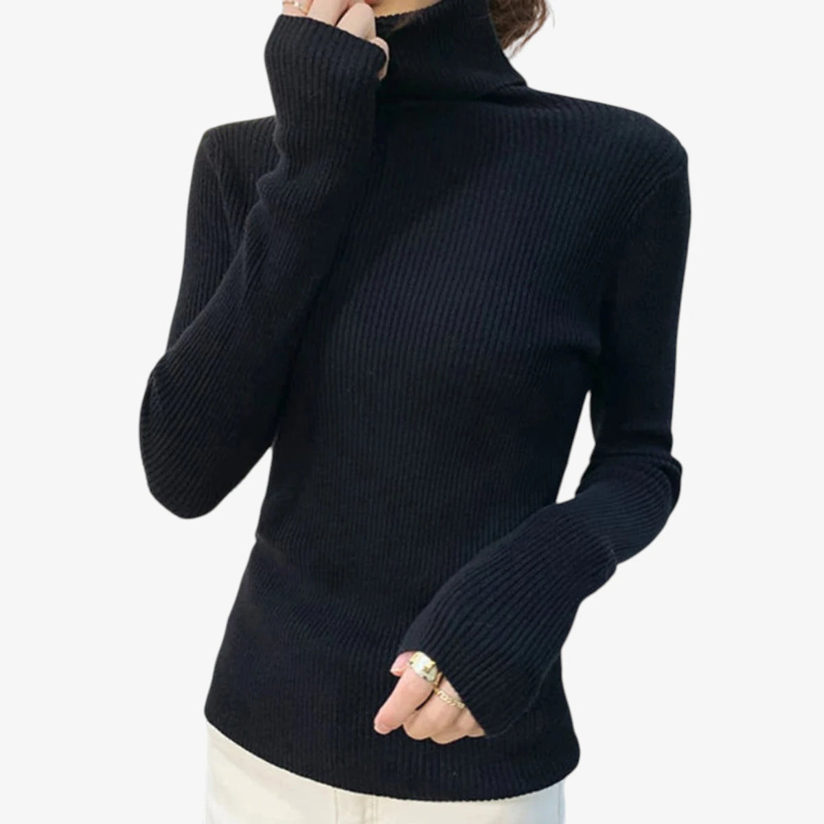 Dame Klassisk Ribstrikket Sweater med Rullekrave