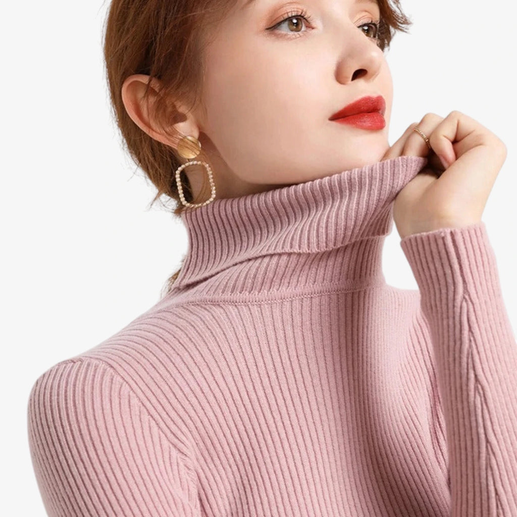 Dame Klassisk Ribstrikket Sweater med Rullekrave