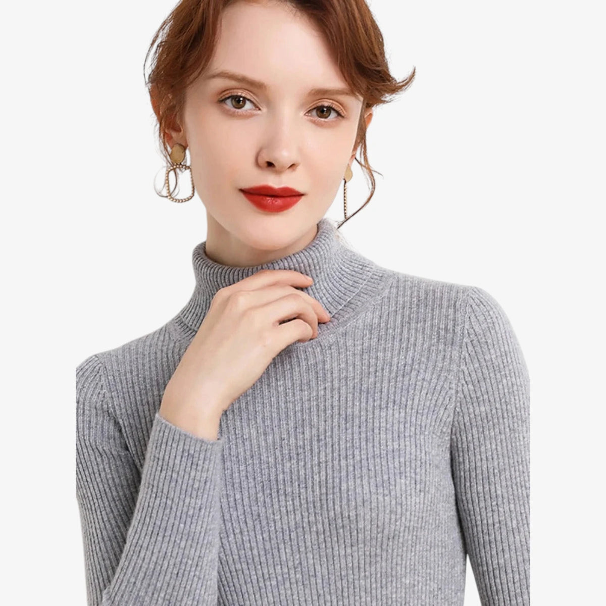 Dame Klassisk Ribstrikket Sweater med Rullekrave