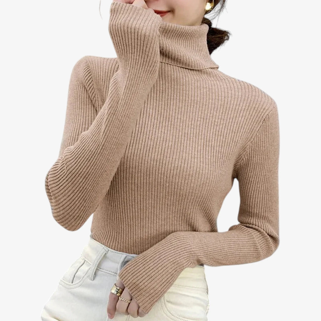 Dame Klassisk Ribstrikket Sweater med Rullekrave