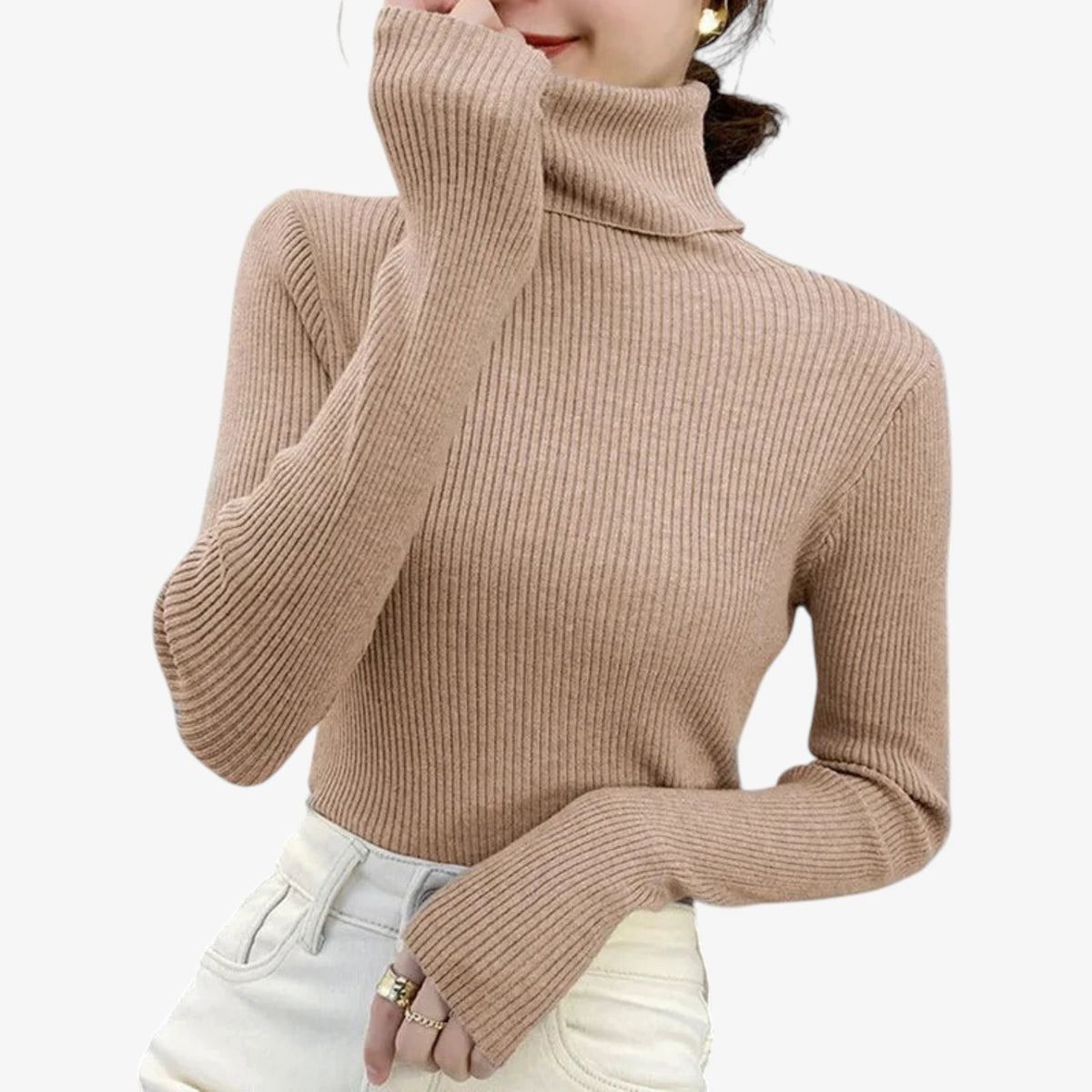 Dame Klassisk Ribstrikket Sweater med Rullekrave