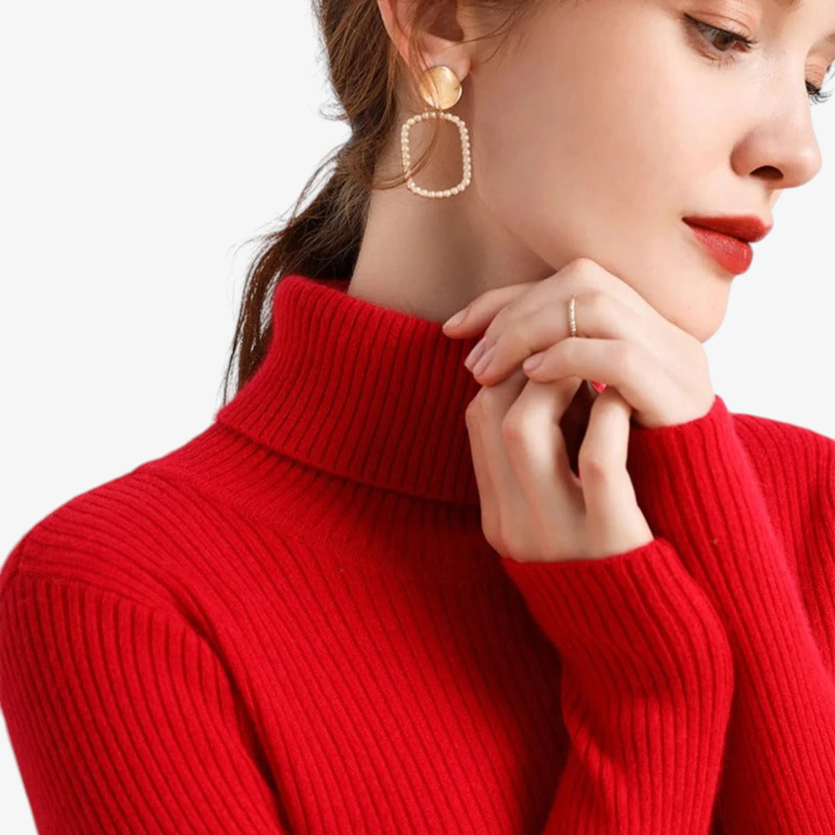 Dame Klassisk Ribstrikket Sweater med Rullekrave