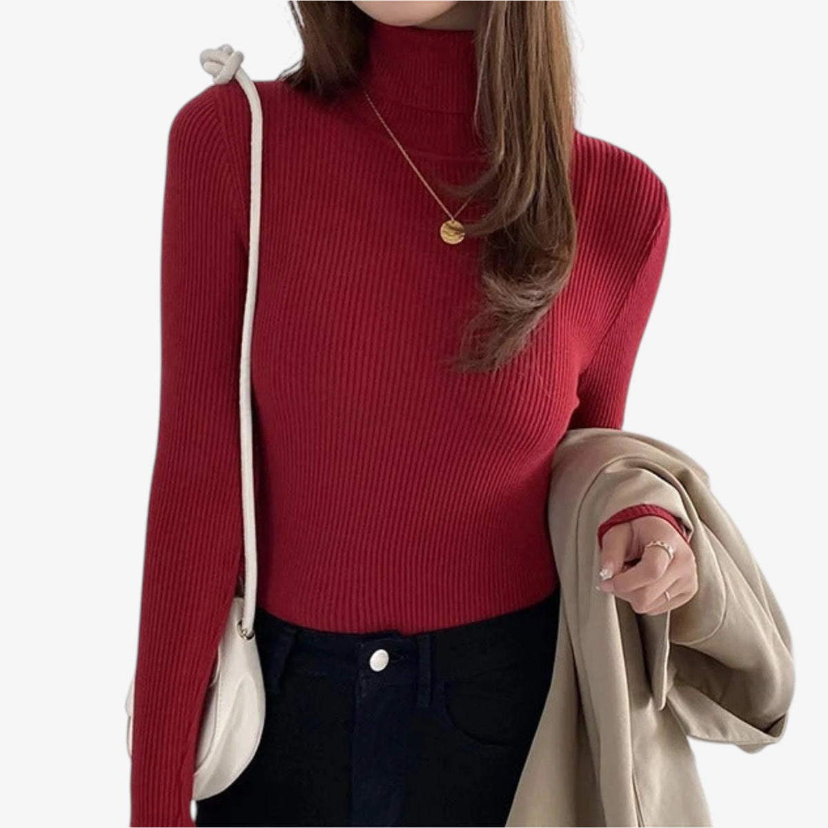 Dame Klassisk Ribstrikket Sweater med Rullekrave