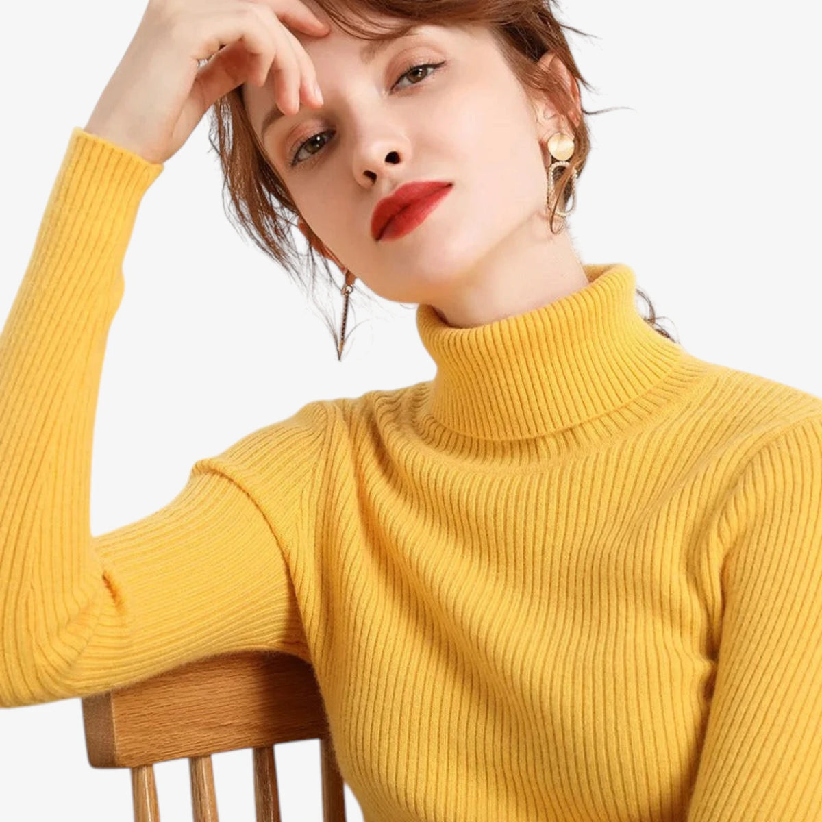 Dame Klassisk Ribstrikket Sweater med Rullekrave