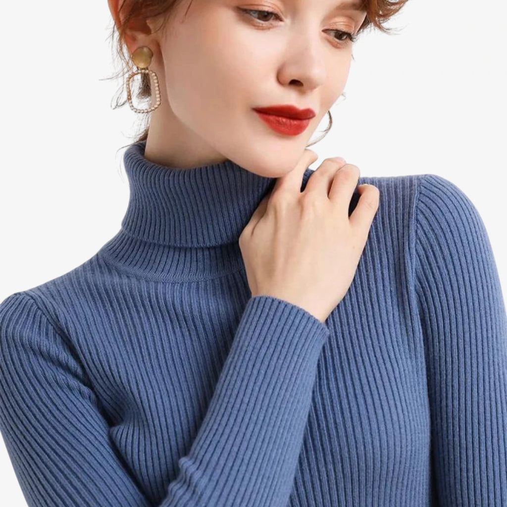 Dame Klassisk Ribstrikket Sweater med Rullekrave