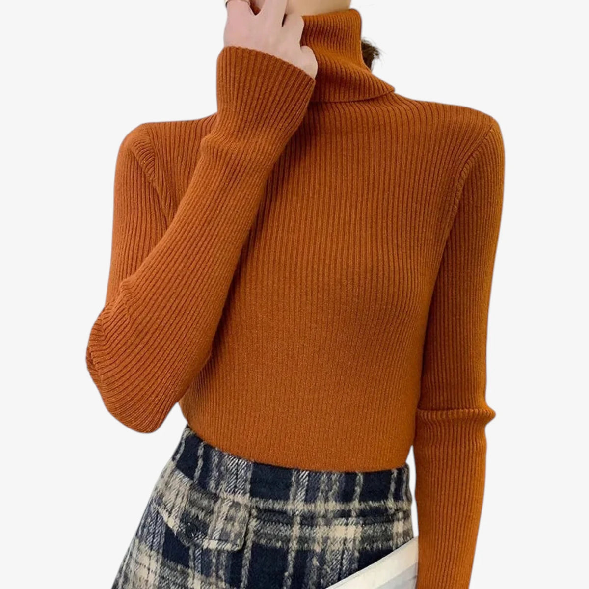 Dame Klassisk Ribstrikket Sweater med Rullekrave