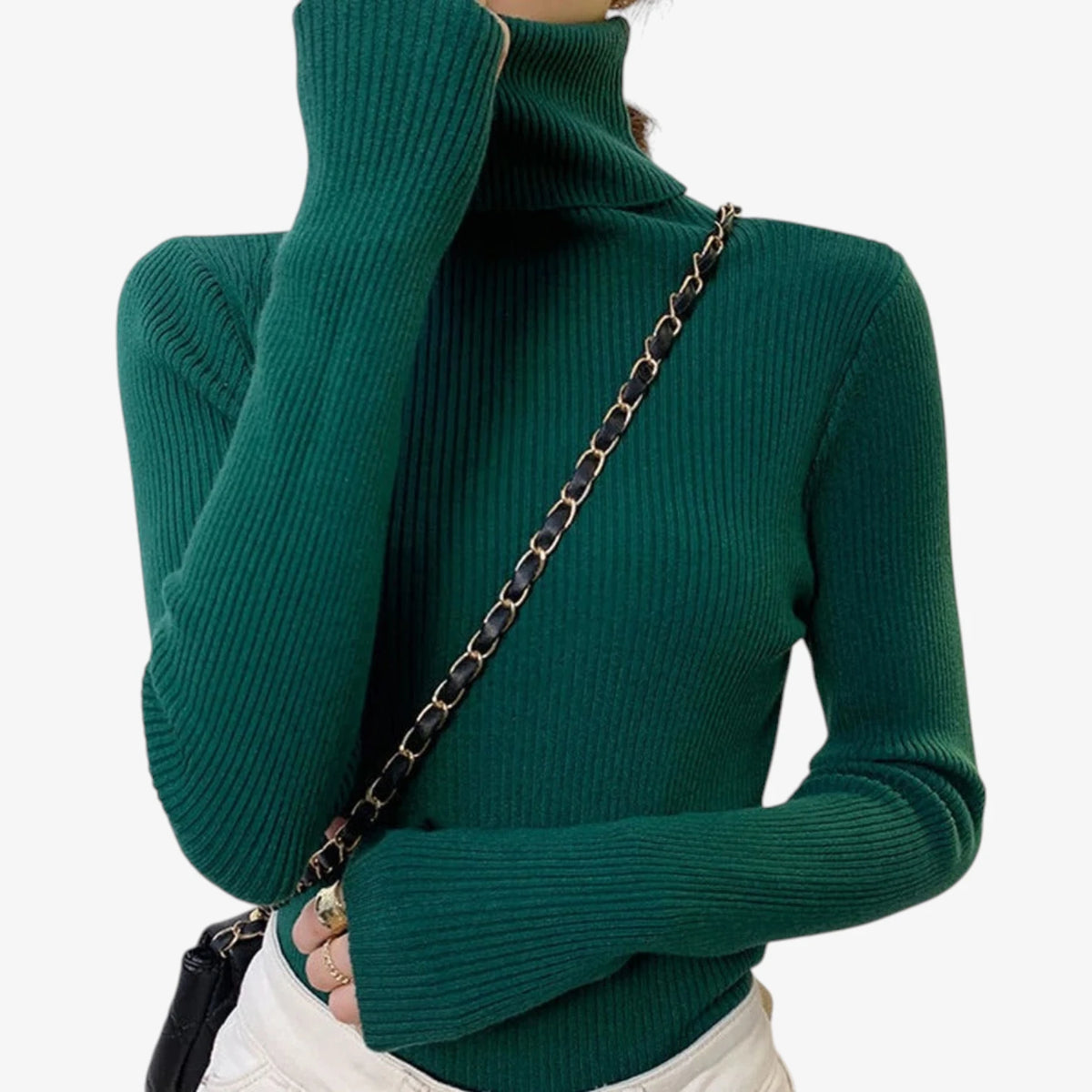 Dame Klassisk Ribstrikket Sweater med Rullekrave
