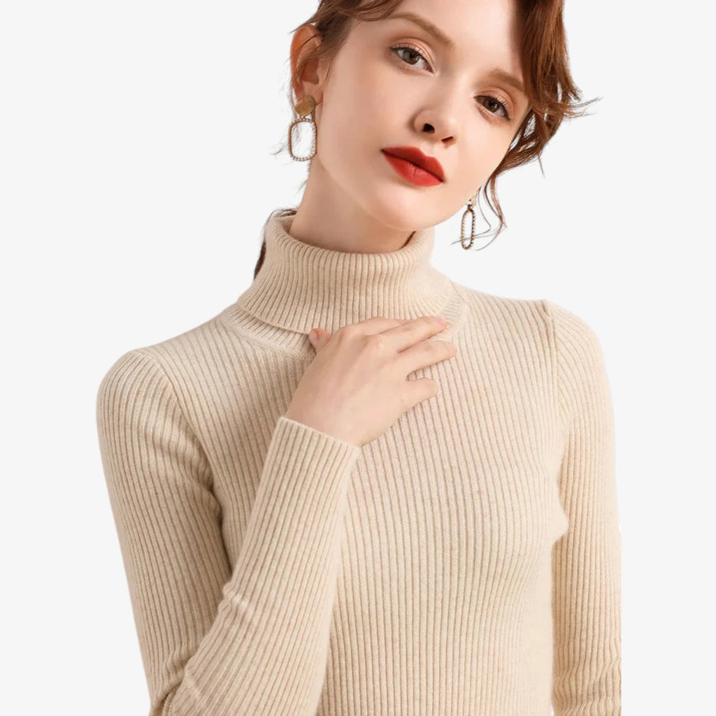 Dame Klassisk Ribstrikket Sweater med Rullekrave