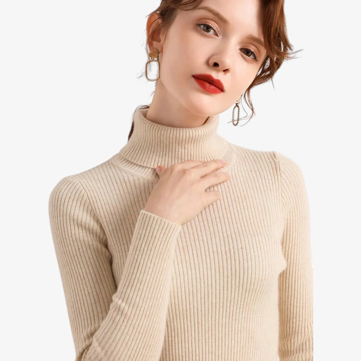 Dame Klassisk Ribstrikket Sweater med Rullekrave
