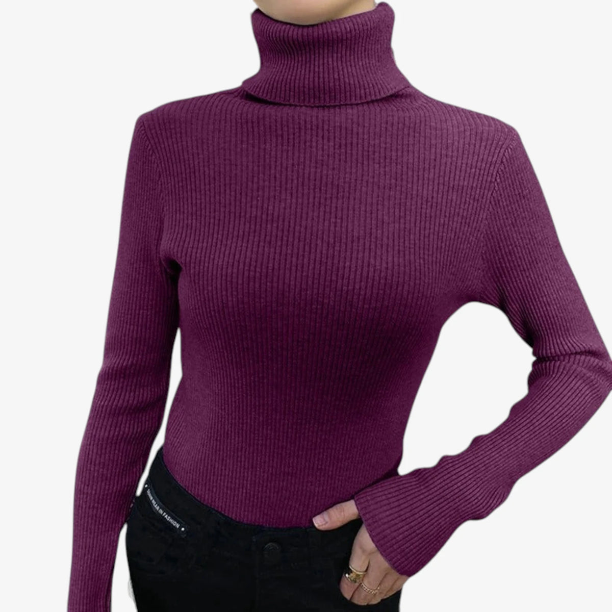 Dame Klassisk Ribstrikket Sweater med Rullekrave