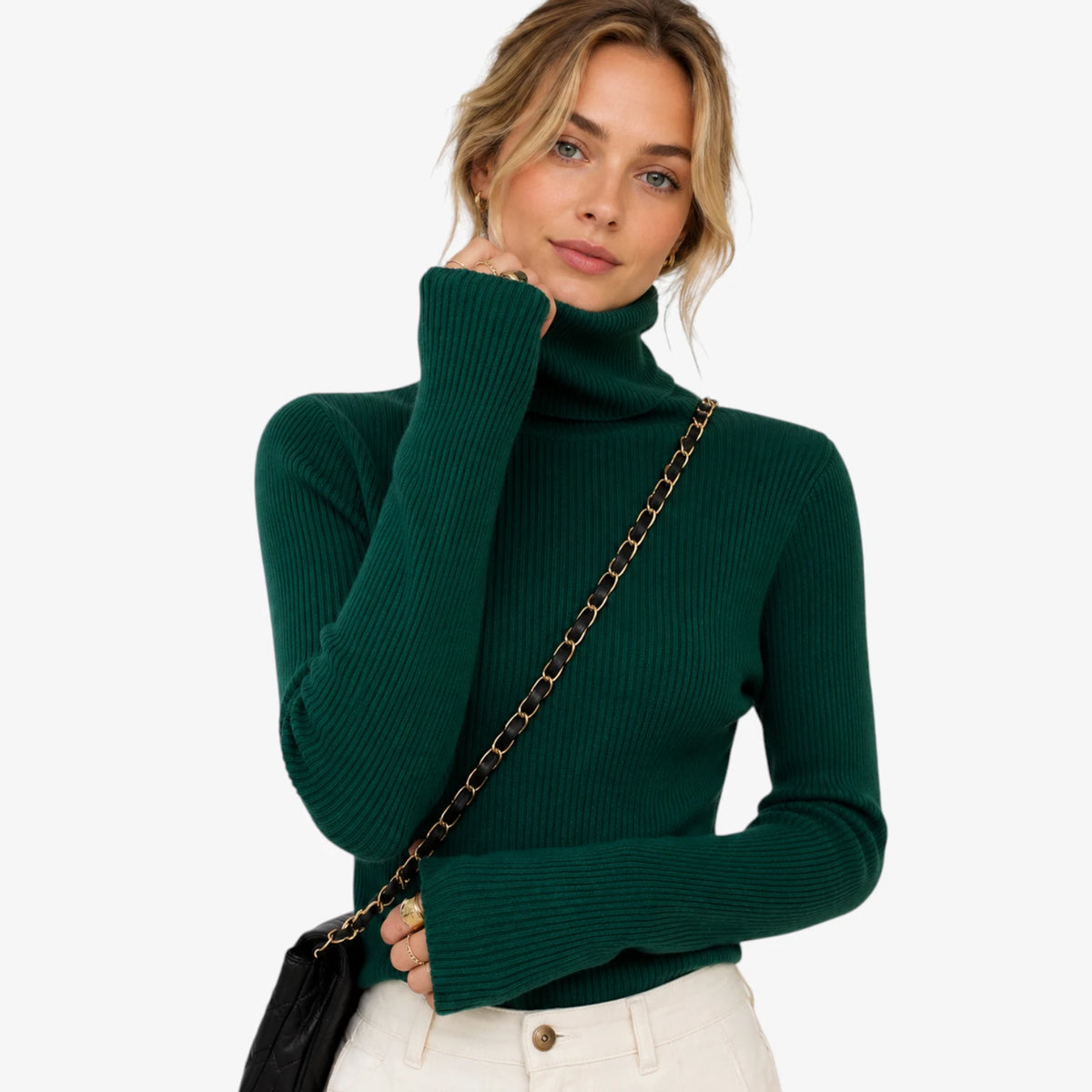 Dame Klassisk Ribstrikket Sweater med Rullekrave