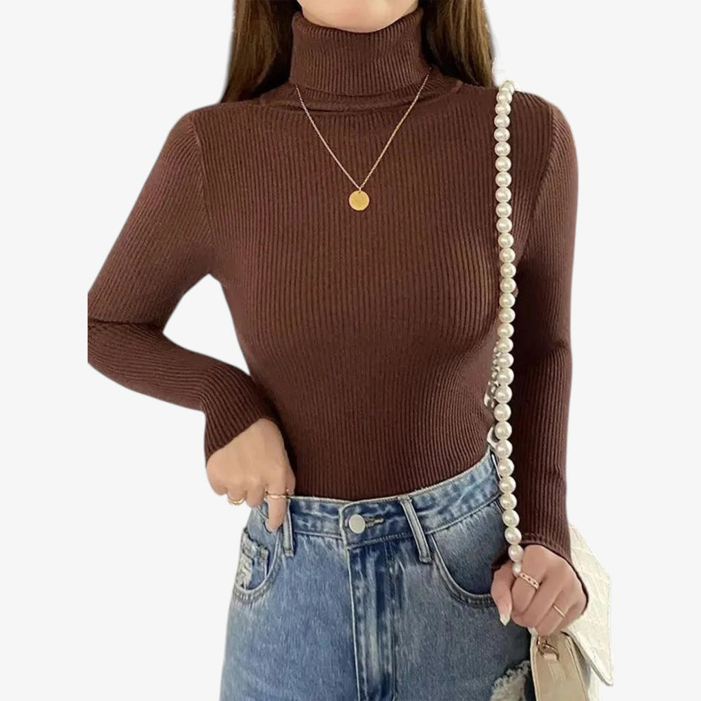 Dame Klassisk Ribstrikket Sweater med Rullekrave