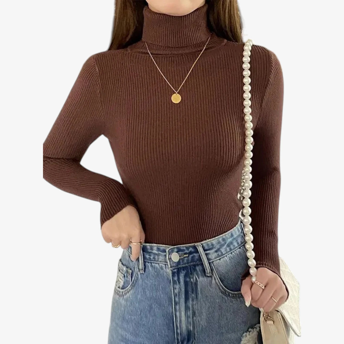 Dame Klassisk Ribstrikket Sweater med Rullekrave