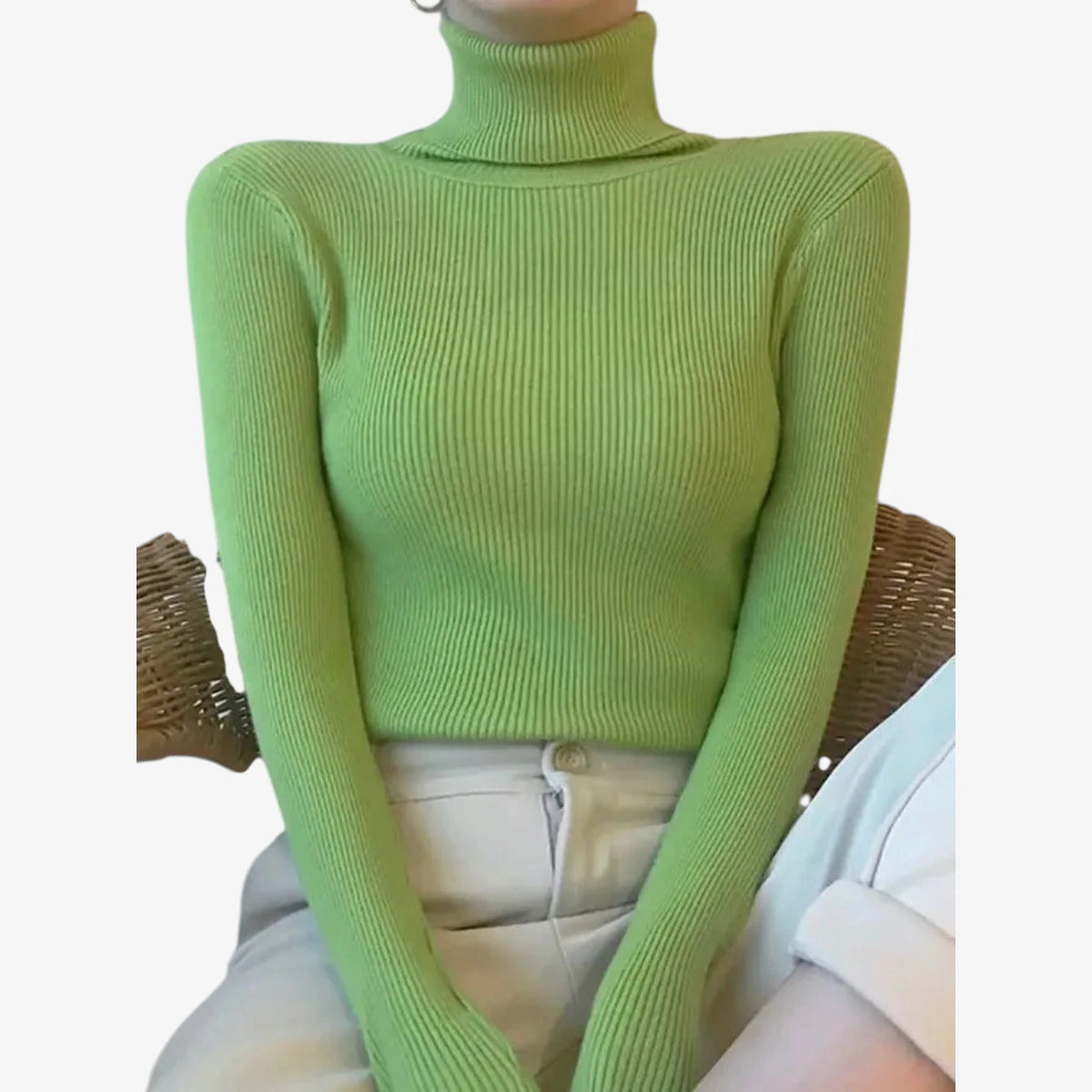 Dame Klassisk Ribstrikket Sweater med Rullekrave